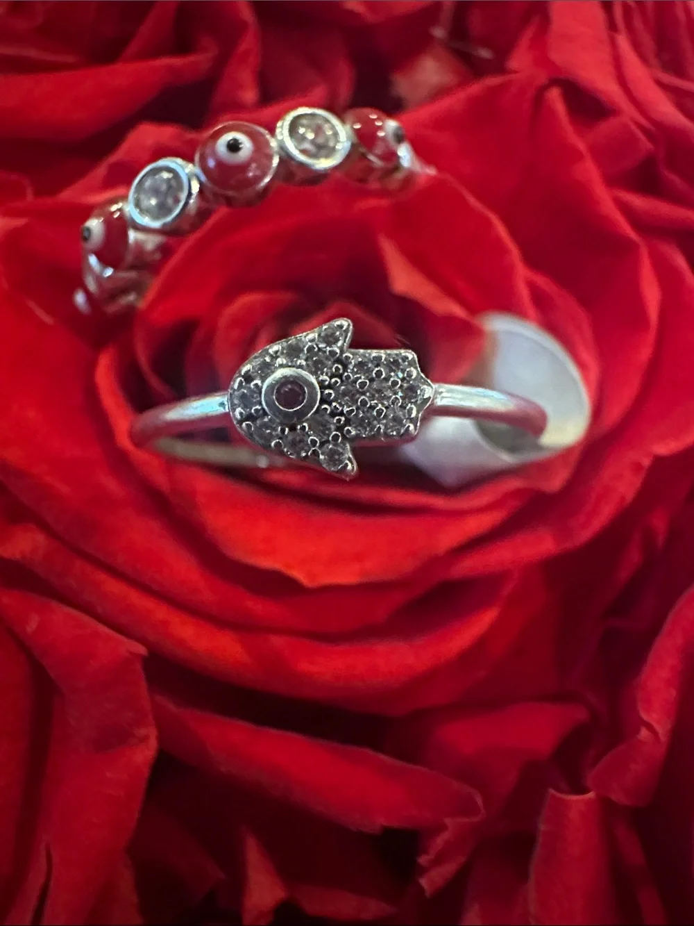 925 Sterling Silver Red Evil Eye & Hamsa Ring set